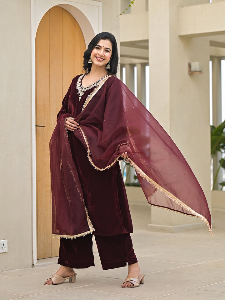 Divena Embroidered Maroon Velvet Kurta Pant Dupatta Set for Women