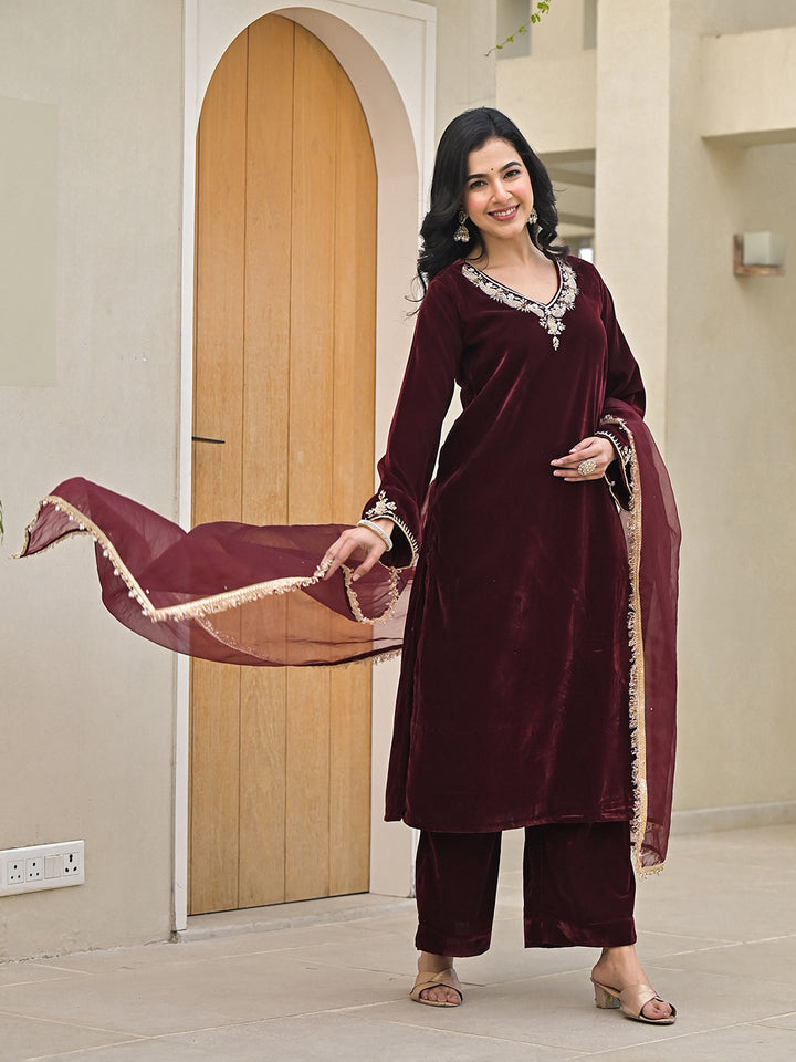 Divena Embroidered Maroon Velvet Kurta Pant Dupatta Set for Women