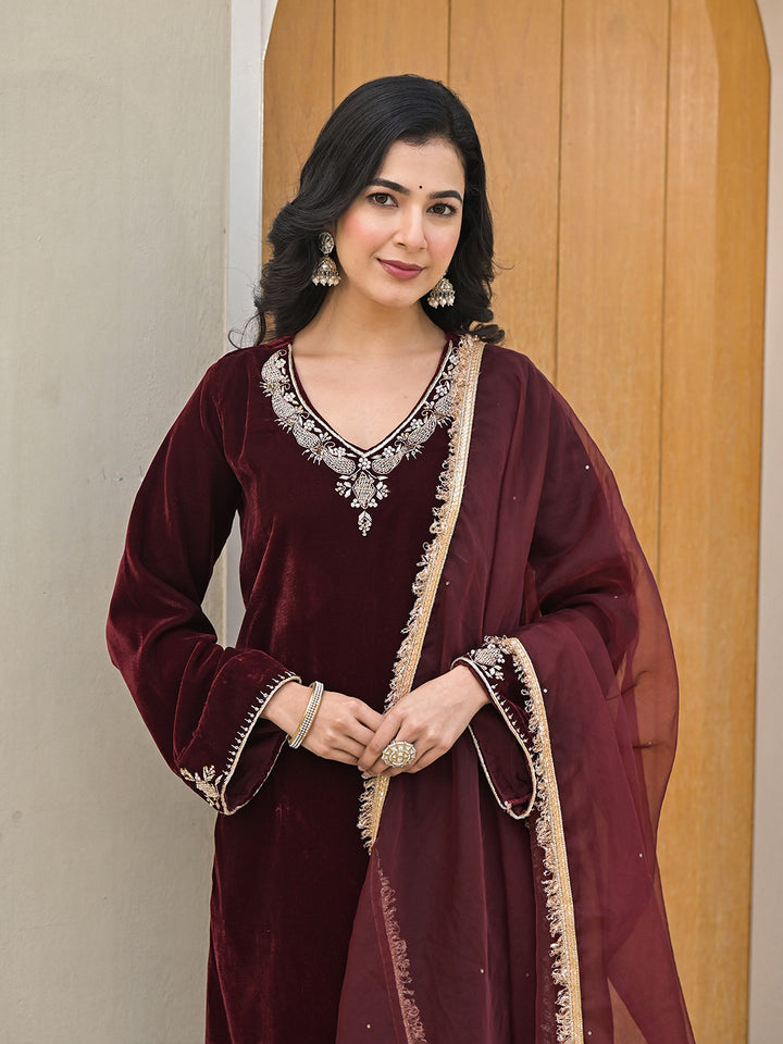 Divena Embroidered Maroon Velvet Kurta Pant Dupatta Set for Women