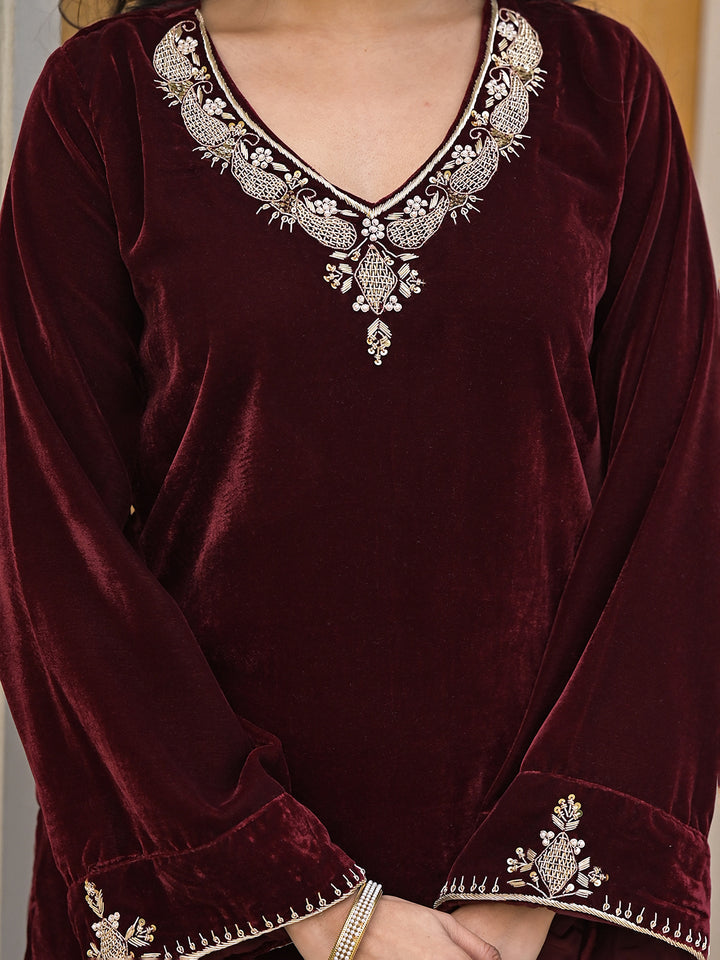 Divena Embroidered Maroon Velvet Kurta Pant Dupatta Set for Women