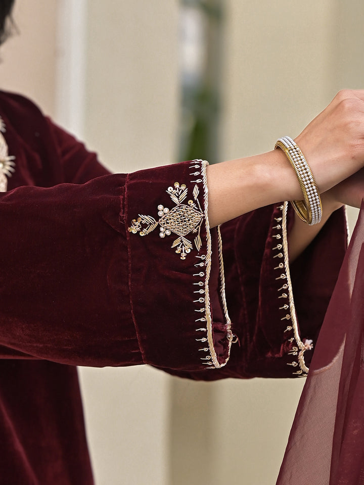 Divena Embroidered Maroon Velvet Kurta Pant Dupatta Set for Women