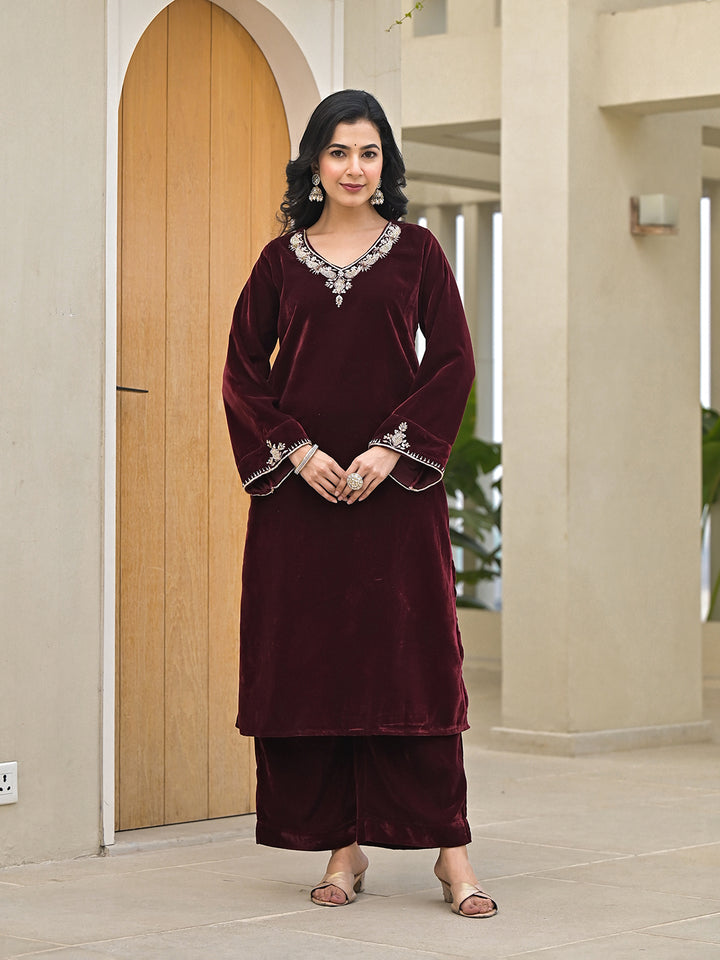 Divena Embroidered Maroon Velvet Kurta Pant Dupatta Set for Women