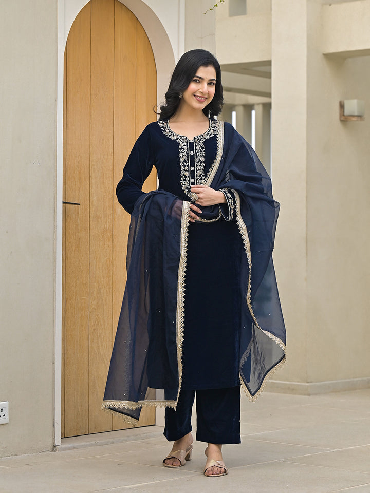 Divena Embroidered Blue Velvet Kurta Pant Dupatta Set for Women