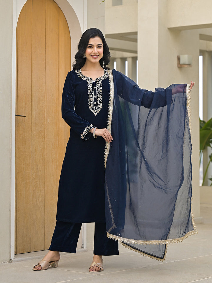 Divena Embroidered Blue Velvet Kurta Pant Dupatta Set for Women