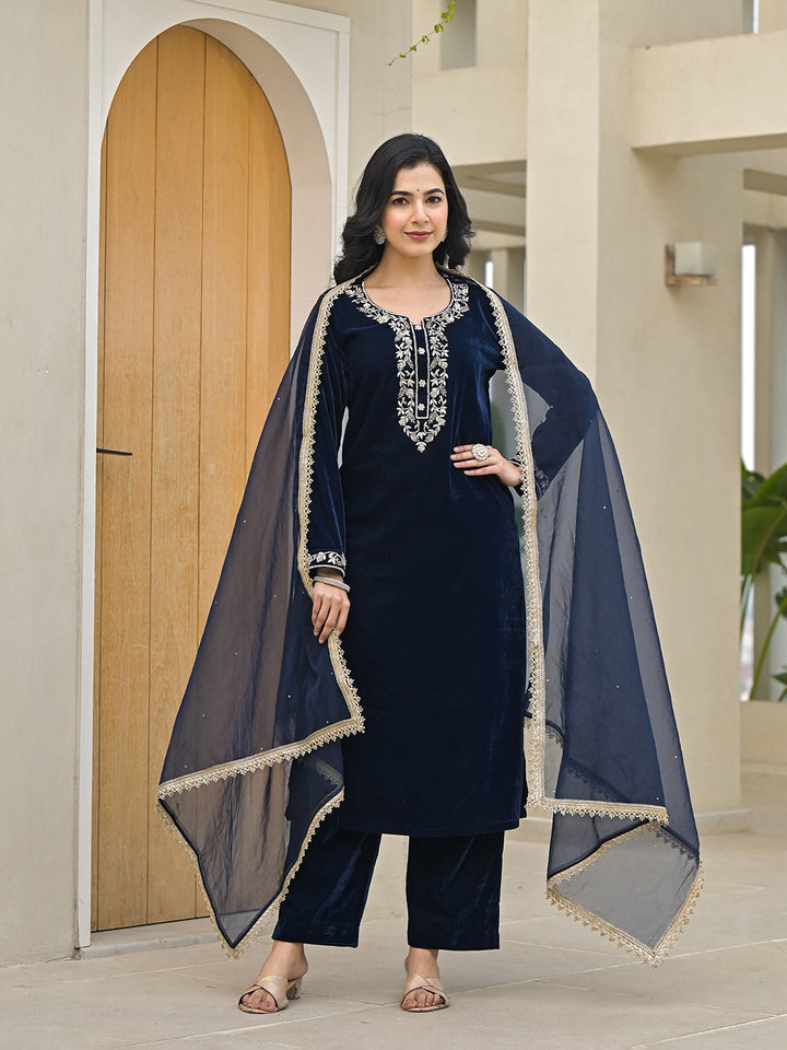 Divena Embroidered Blue Velvet Kurta Pant Dupatta Set for Women