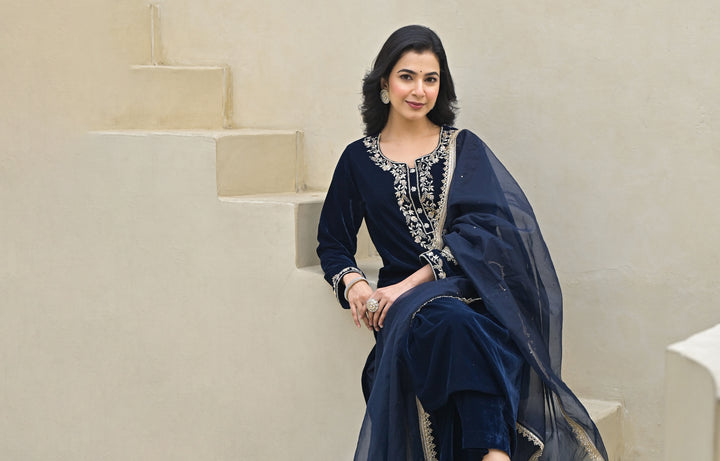 Divena Embroidered Blue Velvet Kurta Pant Dupatta Set for Women