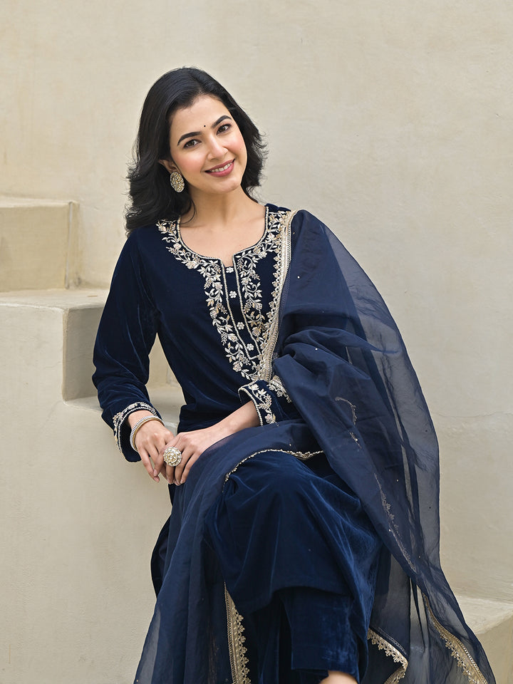 Divena Embroidered Blue Velvet Kurta Pant Dupatta Set for Women