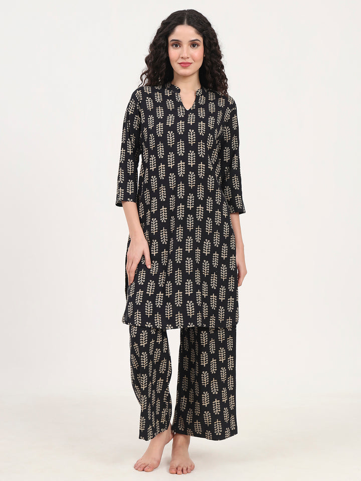 Divena Black Printed Cotton Night Suit Set