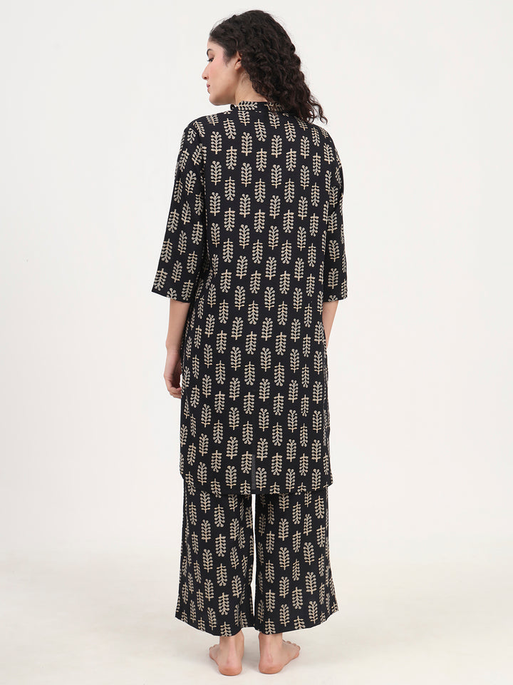 Divena Black Printed Cotton Night Suit Set