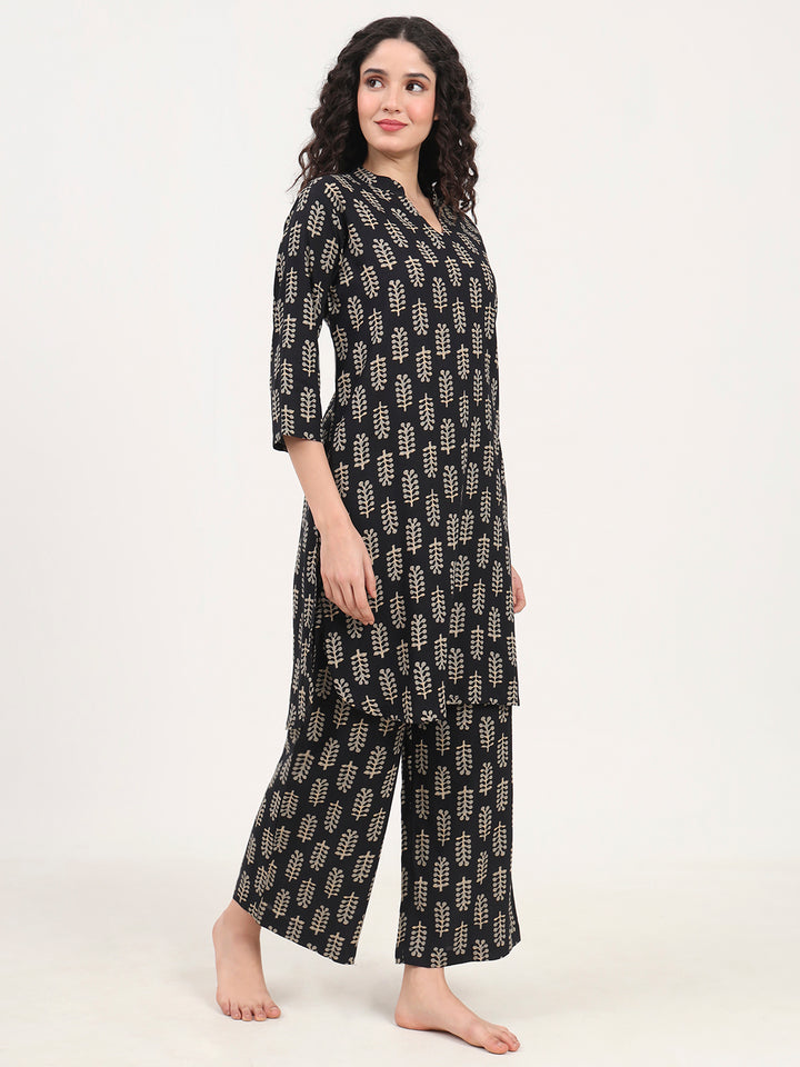 Divena Black Printed Cotton Night Suit Set