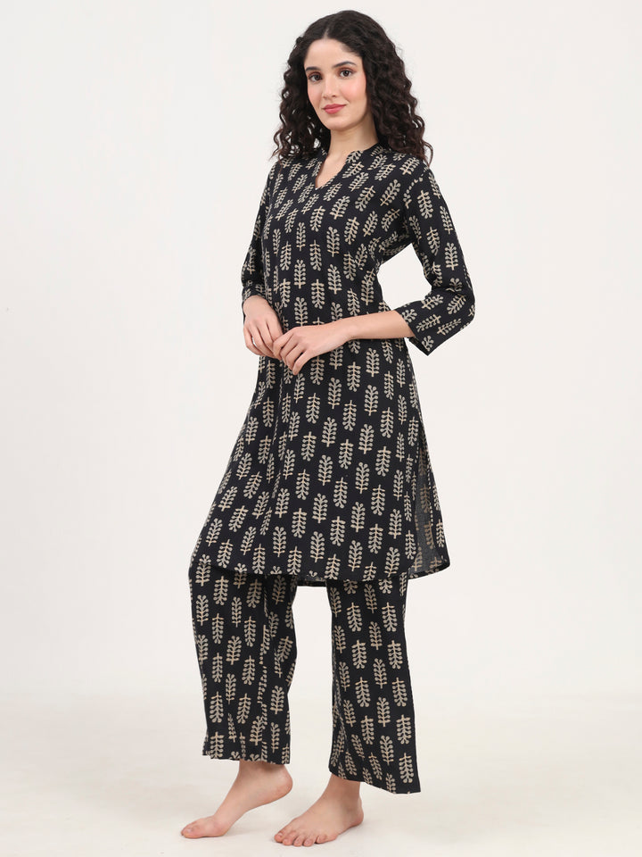 Divena Black Printed Cotton Night Suit Set