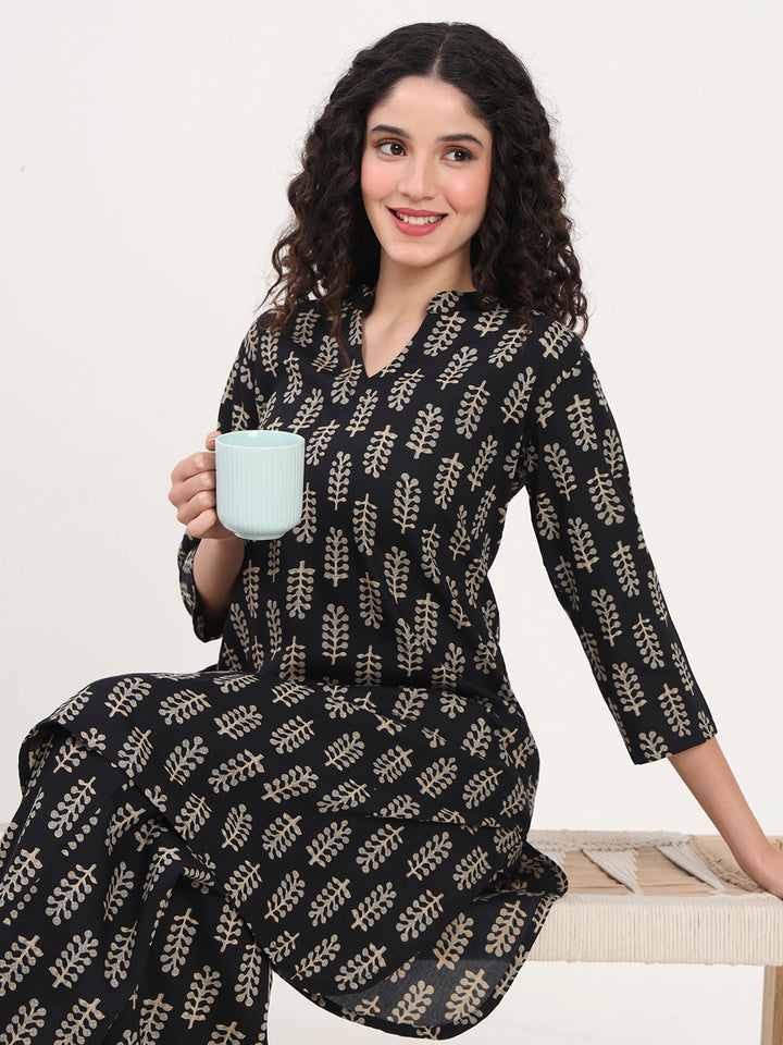 Divena Black Printed Cotton Night Suit Set