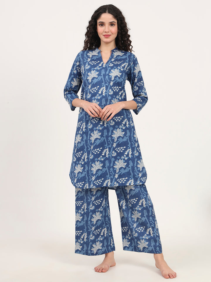 Divena Indigo Blue cotton Night Suit Set for women