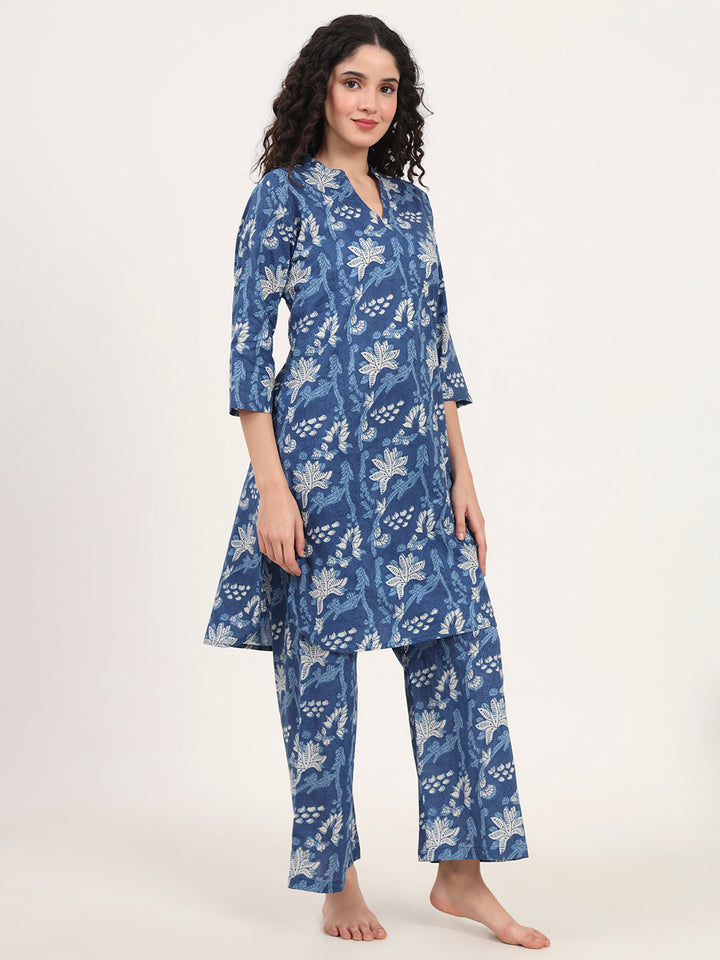 Divena Indigo Blue cotton Night Suit Set for women