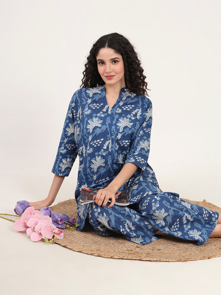 Divena Indigo Blue cotton Night Suit Set for women