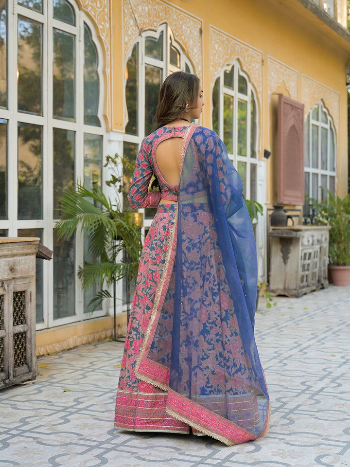 Divena Blue Printed Cotton Lehenga with Choli and Dupatta