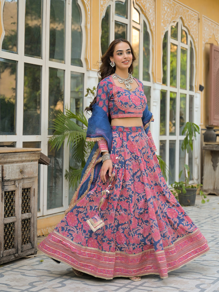 Divena Blue Printed Cotton Lehenga with Choli and Dupatta
