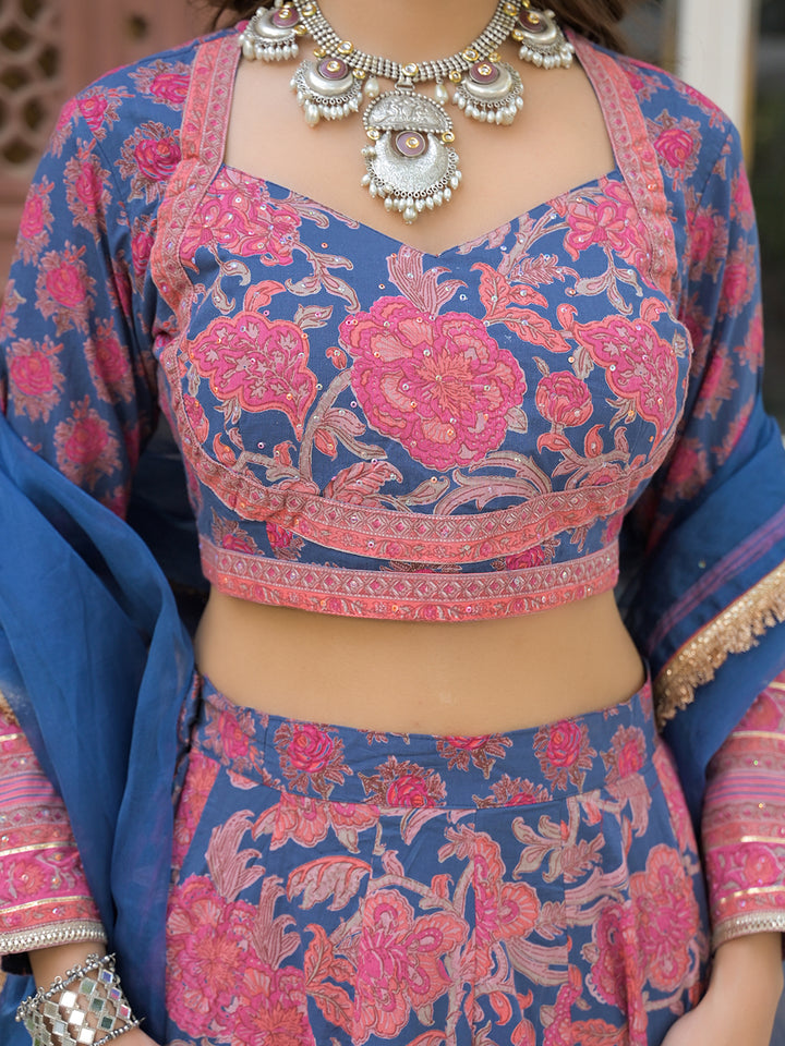Divena Blue Printed Cotton Lehenga with Choli and Dupatta