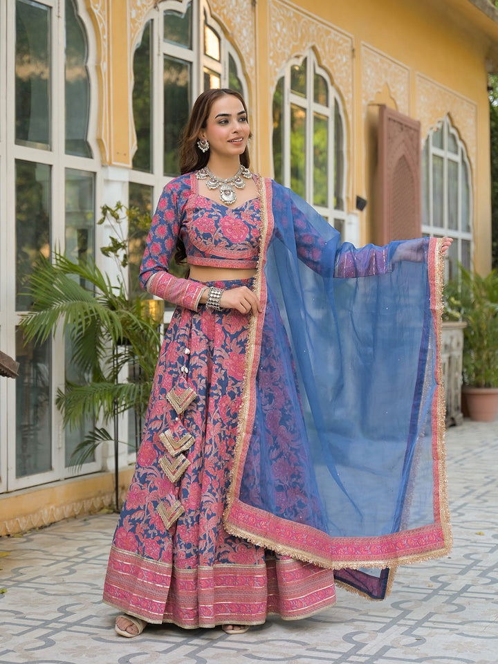 Divena Blue Printed Cotton Lehenga with Choli and Dupatta
