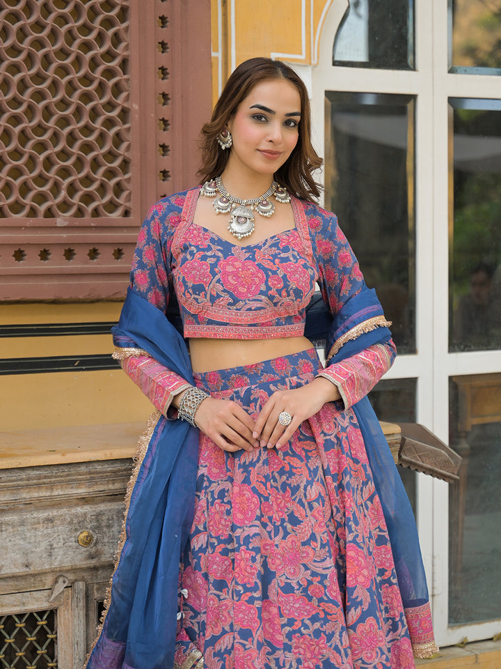 Divena Blue Printed Cotton Lehenga with Choli and Dupatta