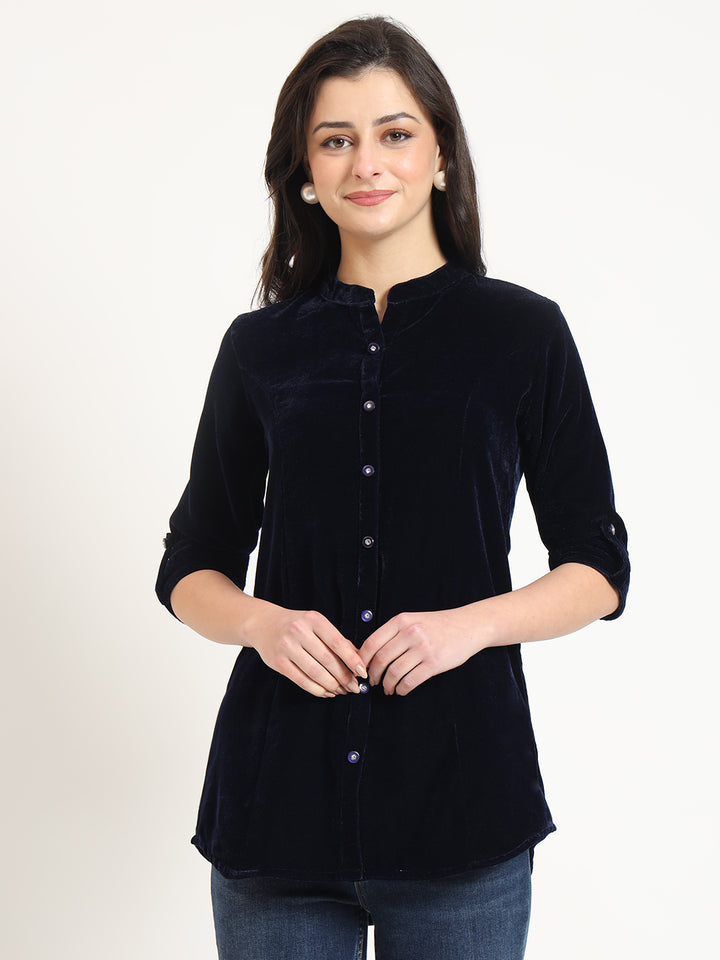 Divena Navy Blue Solid Print Velvet Top