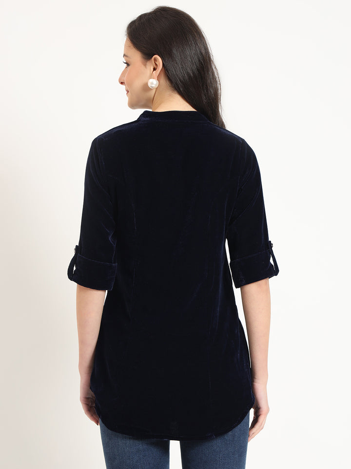 Divena Navy Blue Solid Print Velvet Top