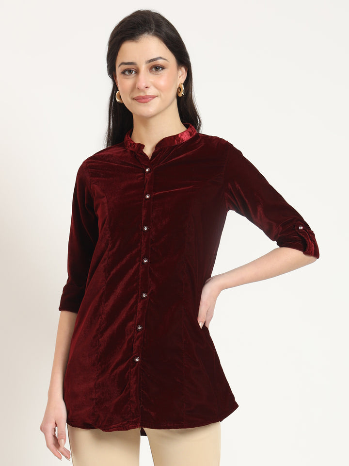 Divena Maroon Solid Print Velvet Straight Top