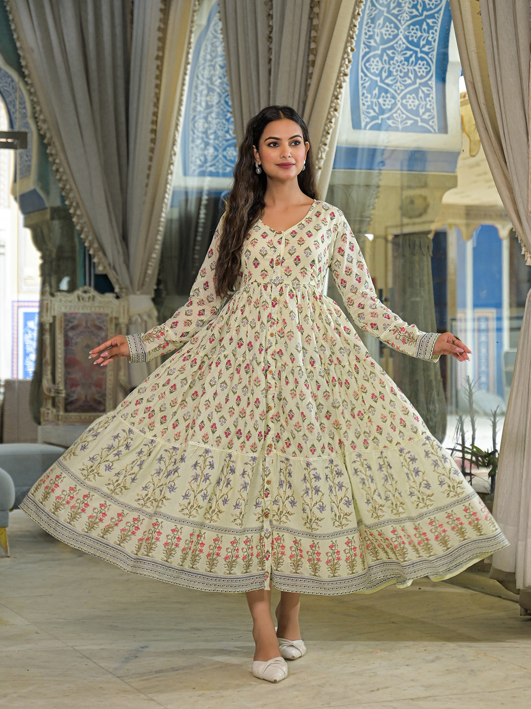 Divena Cream Ethnic Motif Cotton Dress