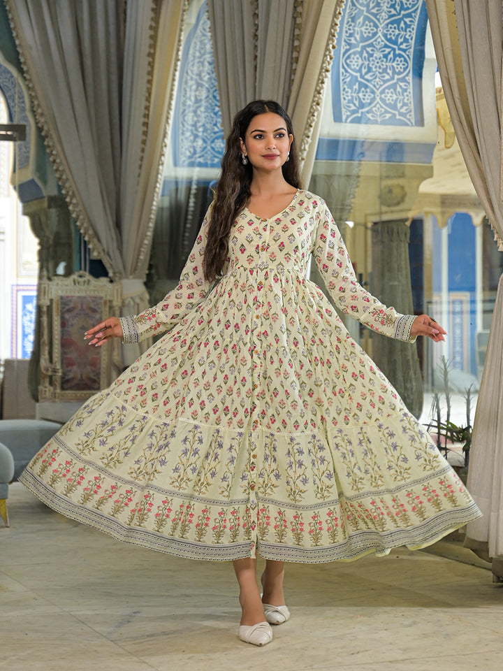 Divena Cream Ethnic Motif Cotton Dress