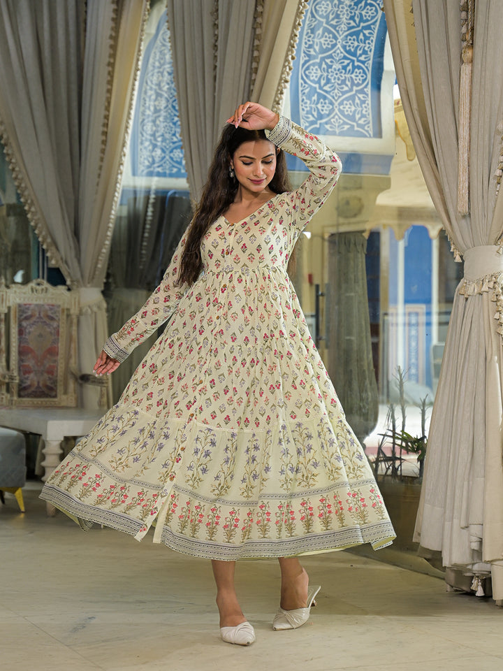 Divena Cream Ethnic Motif Cotton Dress