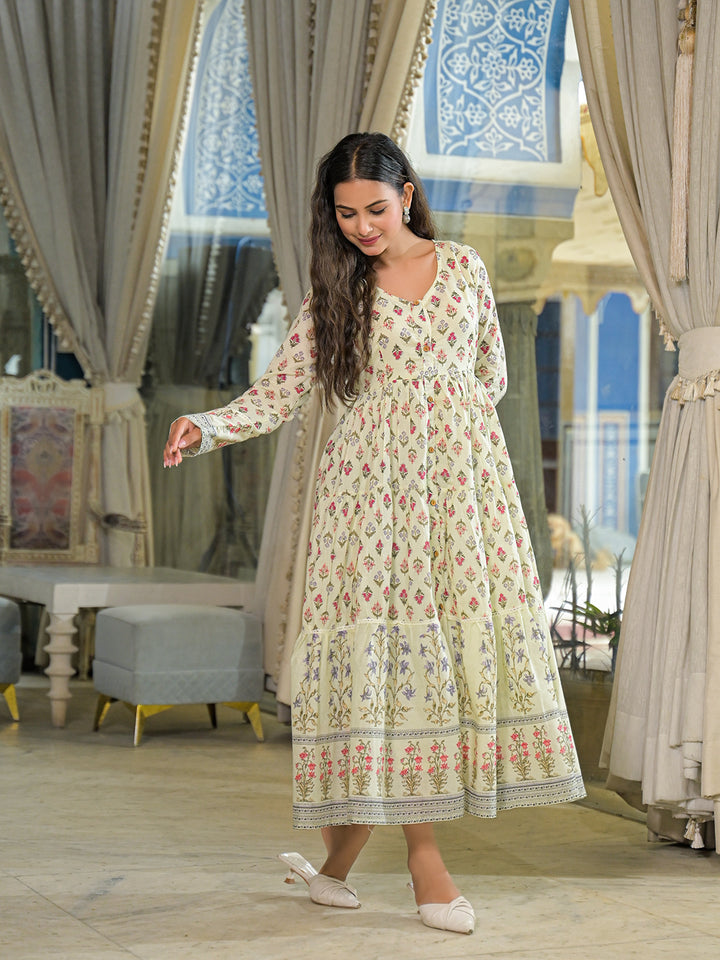 Divena Cream Ethnic Motif Cotton Dress