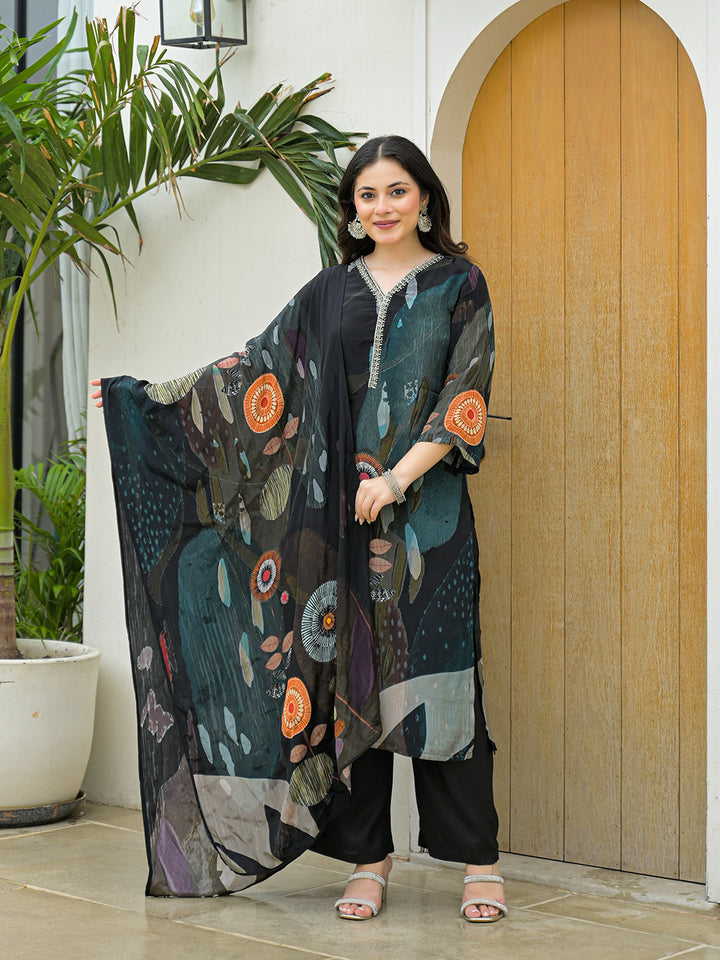 Divena Black Pure Crepe Digital Print Kurta Pant Set With Dupatta