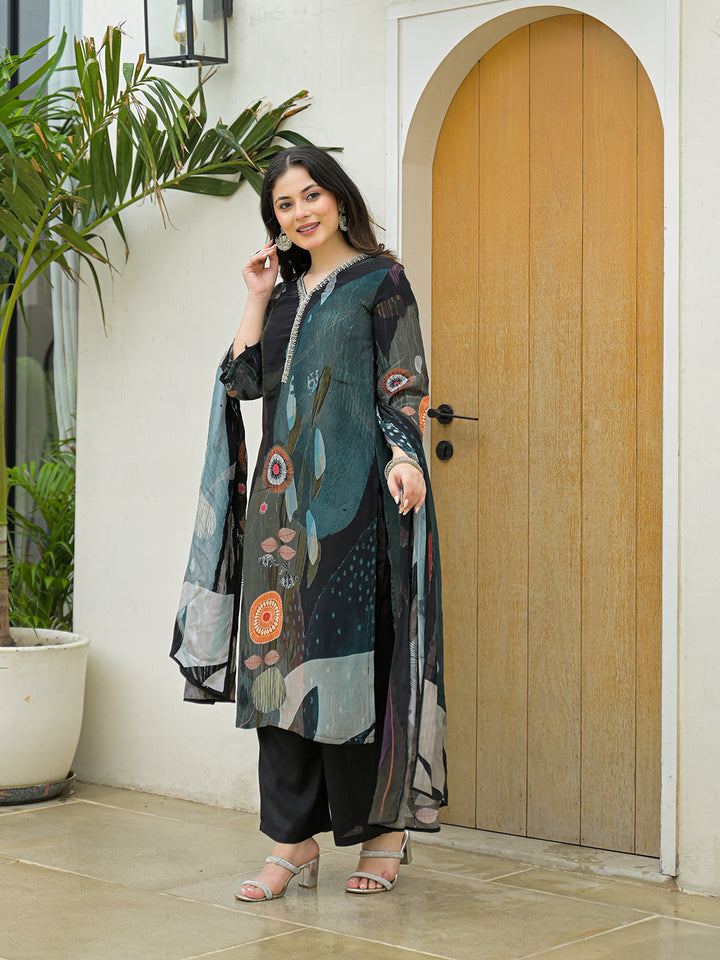 Divena Black Pure Crepe Digital Print Kurta Pant Set With Dupatta