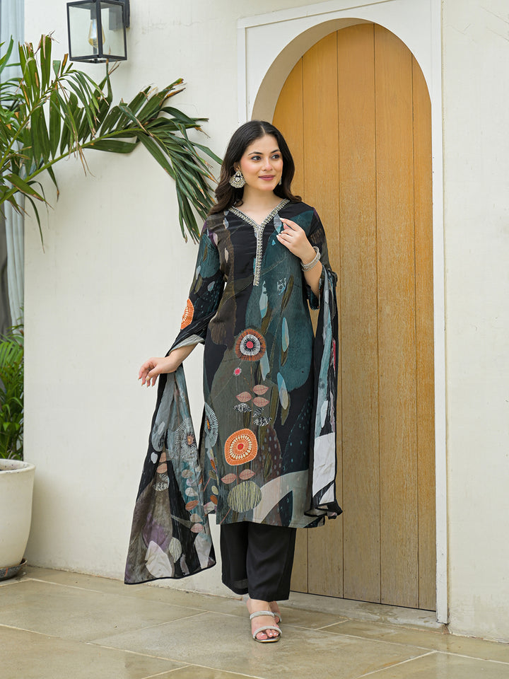 Divena Black Pure Crepe Digital Print Kurta Pant Set With Dupatta