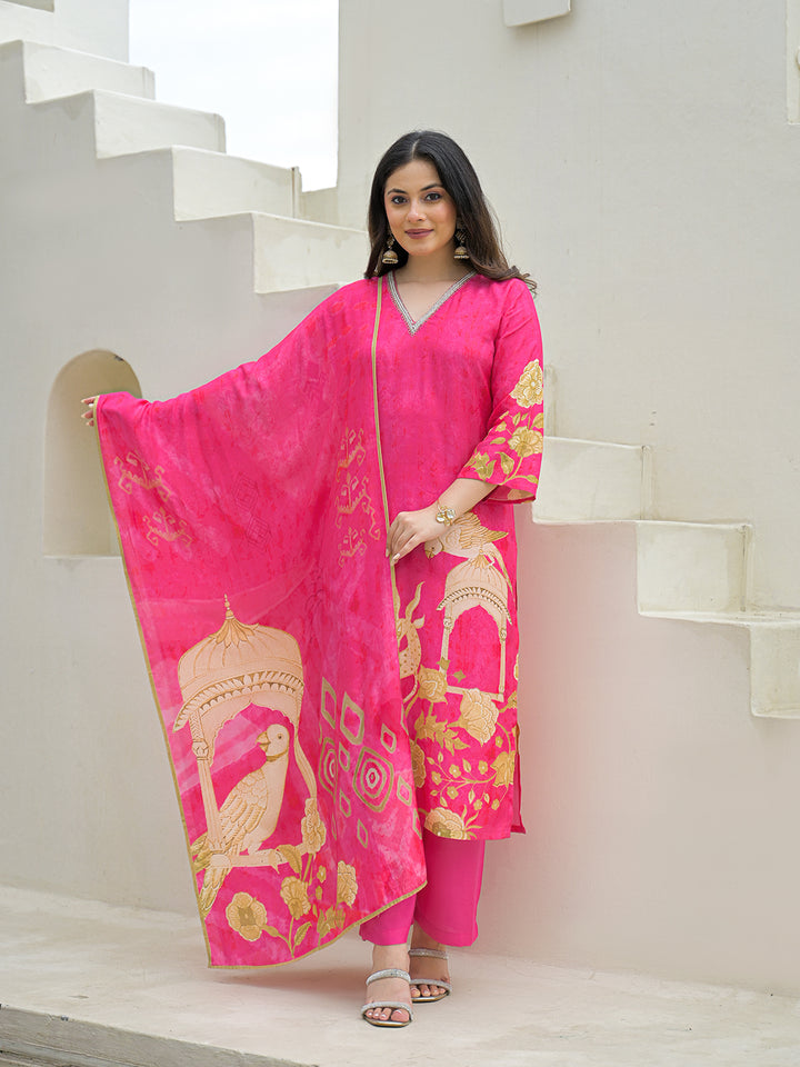 Divena Pink Muslin Digital Print Kurta Pant Set With Dupatta