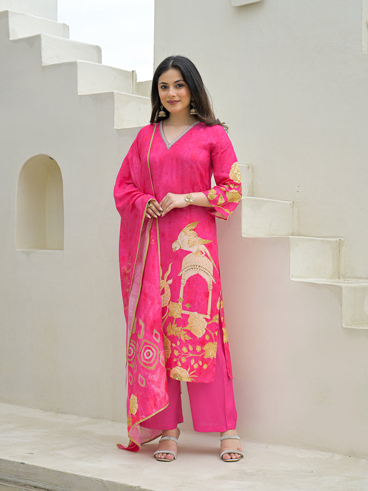 Divena Pink Muslin Digital Print Kurta Pant Set With Dupatta