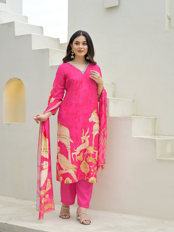 Divena Pink Muslin Digital Print Kurta Pant Set With Dupatta