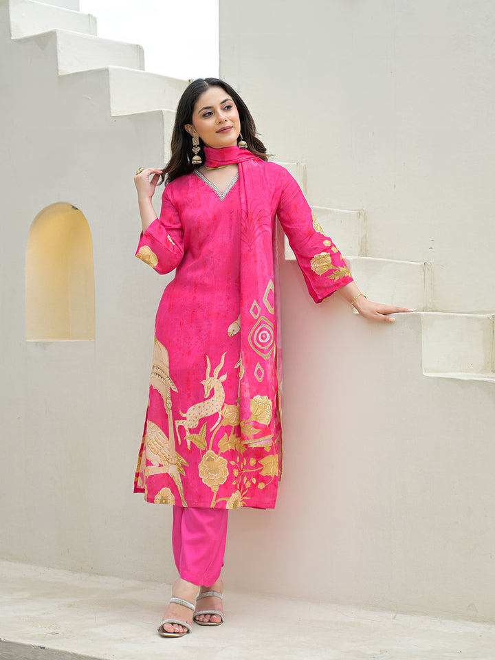 Divena Pink Muslin Digital Print Kurta Pant Set With Dupatta