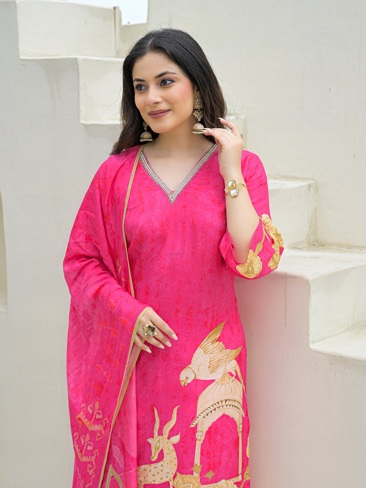 Divena Pink Muslin Digital Print Kurta Pant Set With Dupatta
