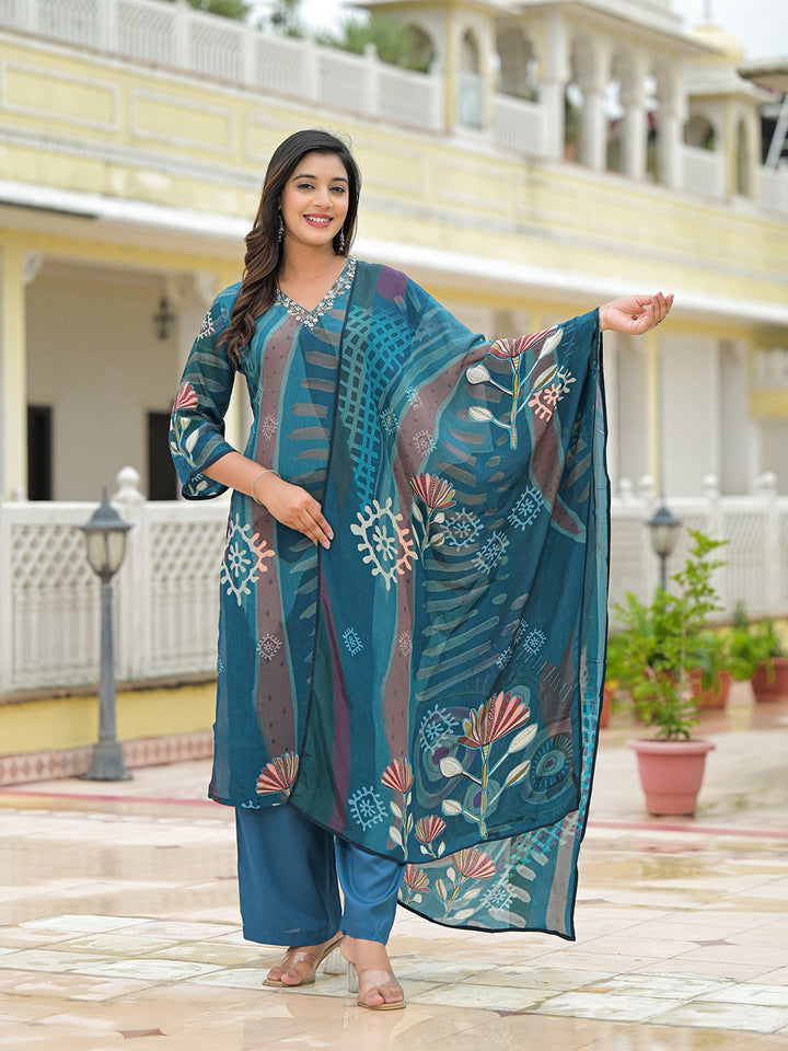 Divena Blue Pure Crepe Digital Print Kurta Pant Set With Dupatta