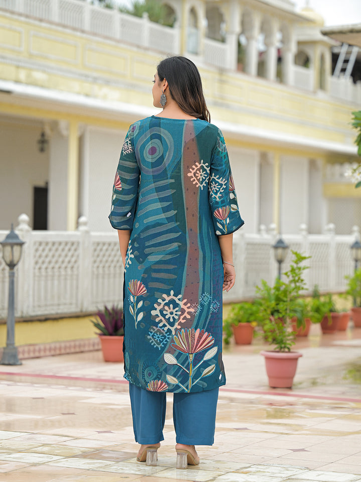 Divena Blue Pure Crepe Digital Print Kurta Pant Set With Dupatta