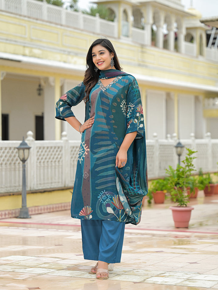 Divena Blue Pure Crepe Digital Print Kurta Pant Set With Dupatta