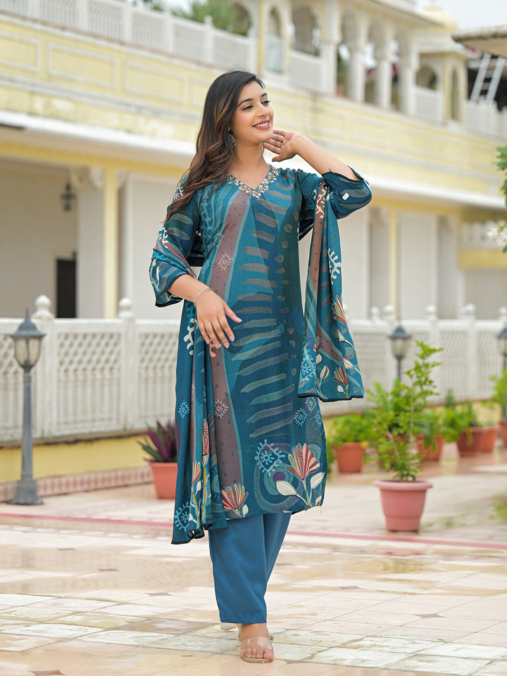 Divena Blue Pure Crepe Digital Print Kurta Pant Set With Dupatta