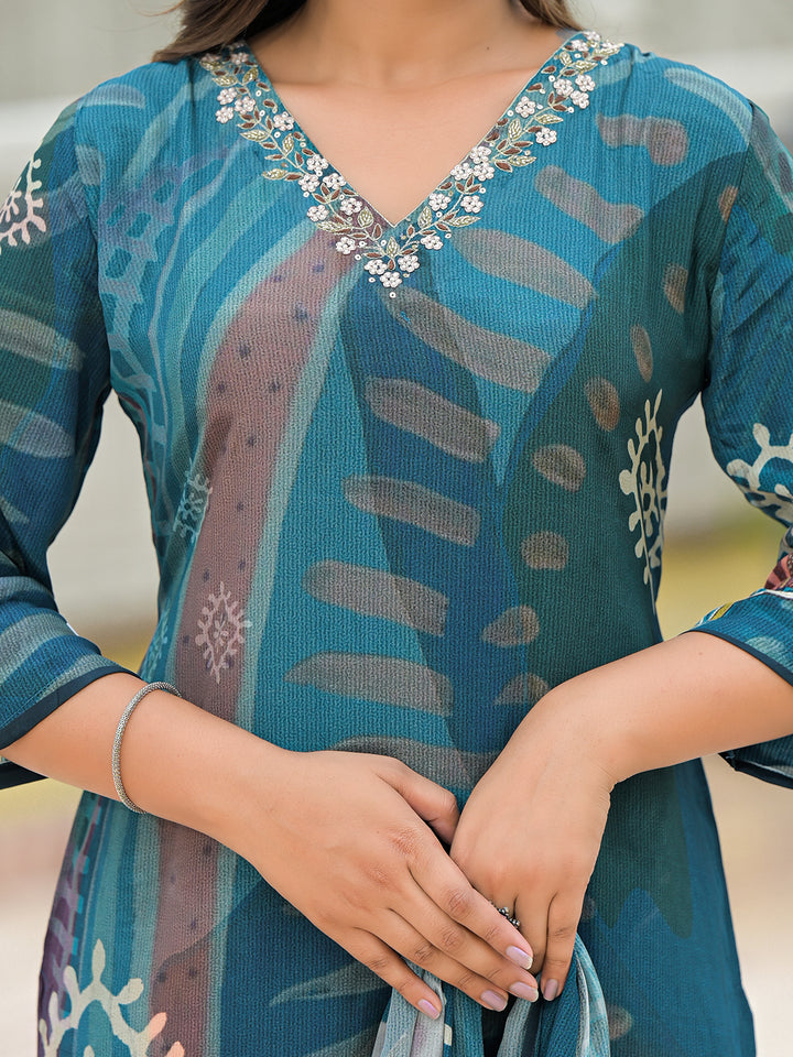 Divena Blue Pure Crepe Digital Print Kurta Pant Set With Dupatta
