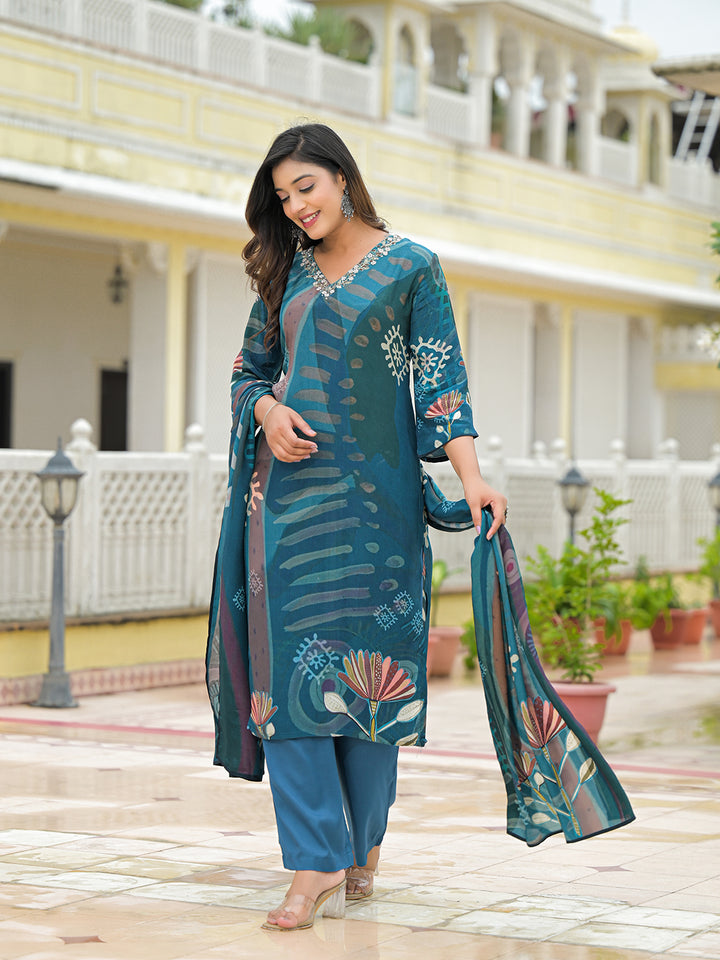 Divena Blue Pure Crepe Digital Print Kurta Pant Set With Dupatta