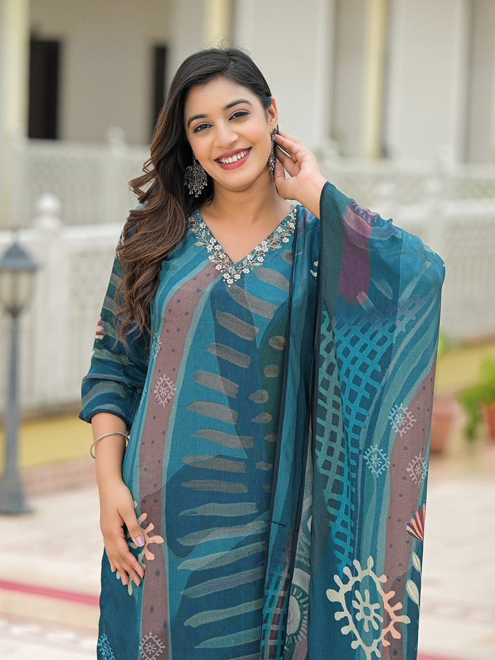 Divena Blue Pure Crepe Digital Print Kurta Pant Set With Dupatta