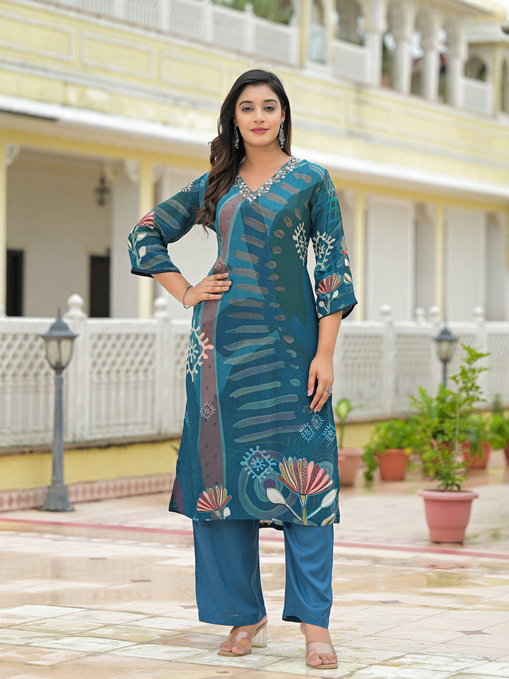 Divena Blue Pure Crepe Digital Print Kurta Pant Set With Dupatta