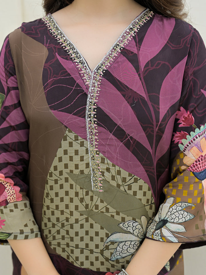 Divena Purple Pure Crepe Digital Print Kurta Pant Set With Dupatta