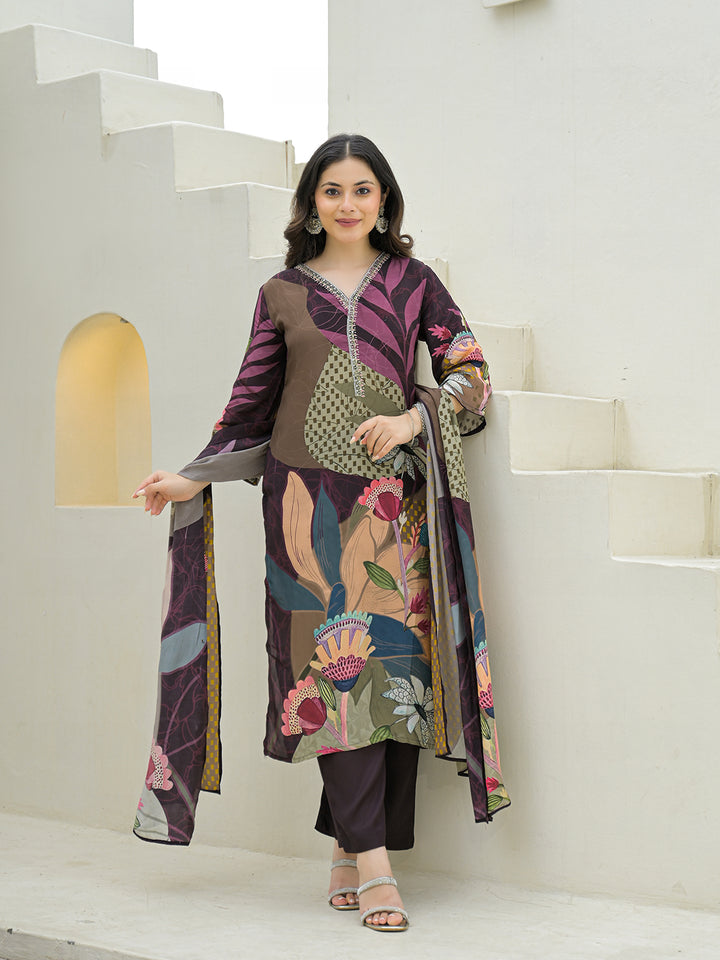 Divena Purple Pure Crepe Digital Print Kurta Pant Set With Dupatta