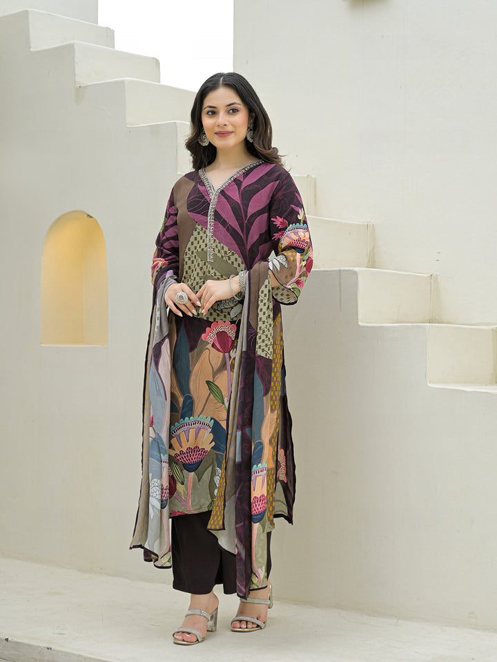 Divena Purple Pure Crepe Digital Print Kurta Pant Set With Dupatta